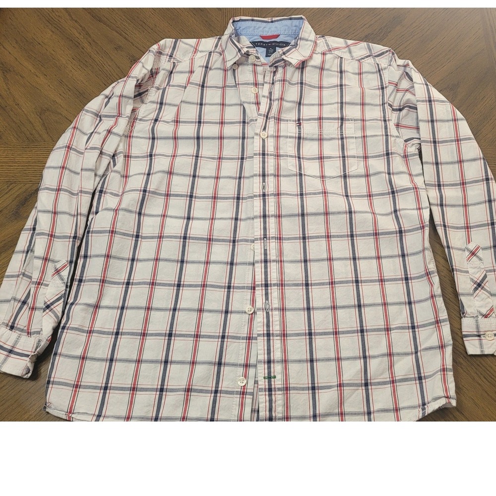 Tommy Hilfiger Boys Red Navy White Plaid Button Down Shirt Size XL 18/20
